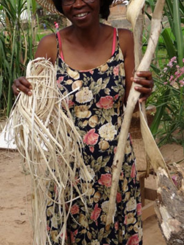 Step 1. The material: inner bark of the shrub Avoha. Artisan Madame Jestine shows.