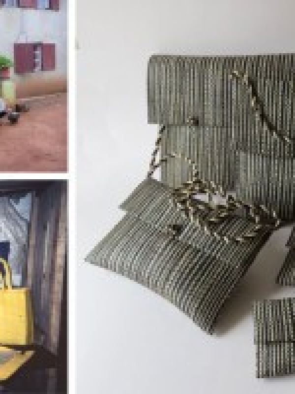 17. Handvävd raffia för tillverkning av kuvertväskor. Bild t.h. visar set av kuvertväskor (5 delar), vilka har utsida av handvävd raffia. Övre foto t.v. visar designer och hantverkare Mme Jeannine och M. Georges på gården i vars hus de har sin ateljé. Nedre foto t.v. visar M. George i ateljén. Klicka nedan för mer information om kuvertväskorna och beställning.